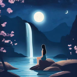 Create an illustration with the following elements: Background: Place a majestic waterfall in the background with water shimmering under the full moonlight