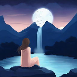 Create an illustration with the following elements: Background: Place a majestic waterfall in the background with water shimmering under the full moonlight