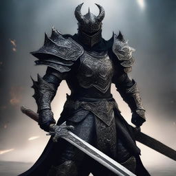 A powerful draconic warrior clad in black armor, wielding a massive sword