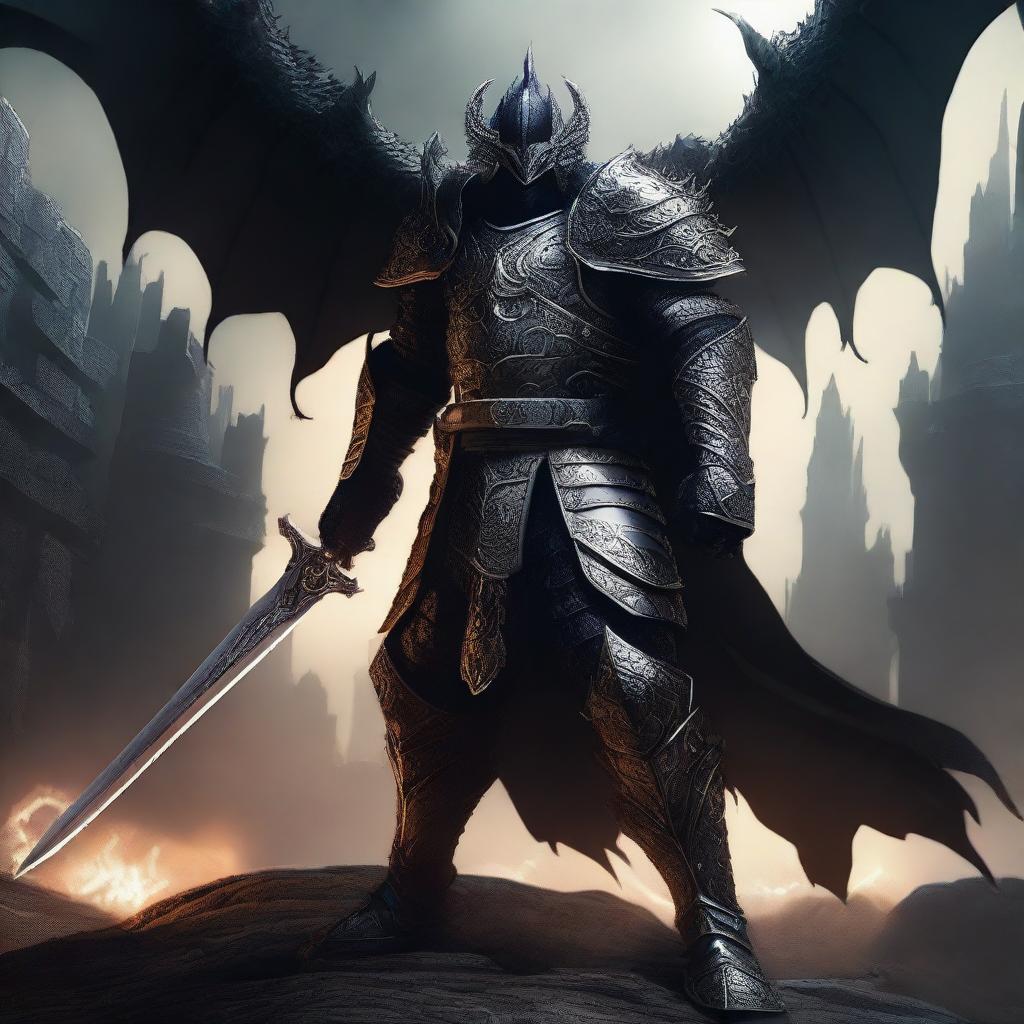 A powerful draconic warrior clad in black armor, wielding a massive sword