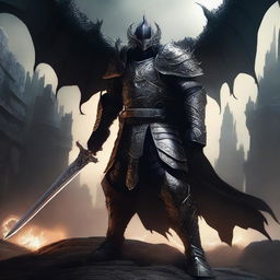 A powerful draconic warrior clad in black armor, wielding a massive sword