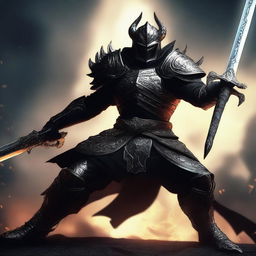 A powerful draconic warrior clad in black armor, wielding a massive sword