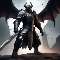 A powerful draconic warrior clad in black armor, wielding a massive sword