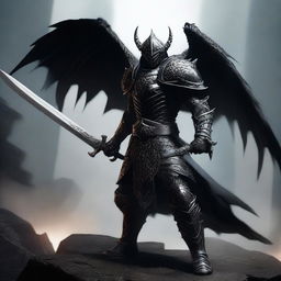 A powerful draconic warrior clad in black armor, wielding a massive sword