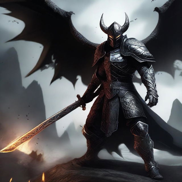 A powerful draconic warrior clad in black armor, wielding a massive sword