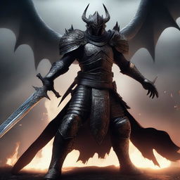 A powerful draconic warrior clad in black armor, wielding a massive sword