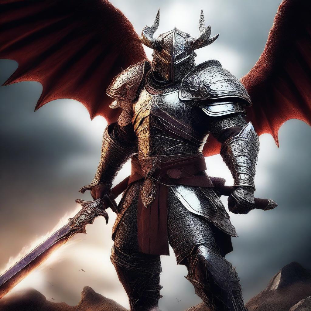 A powerful draconic warrior clad in armor, wielding a massive sword