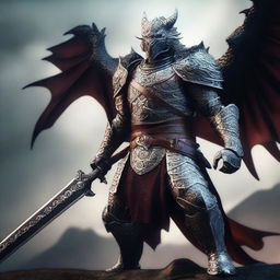 A powerful draconic warrior clad in armor, wielding a massive sword