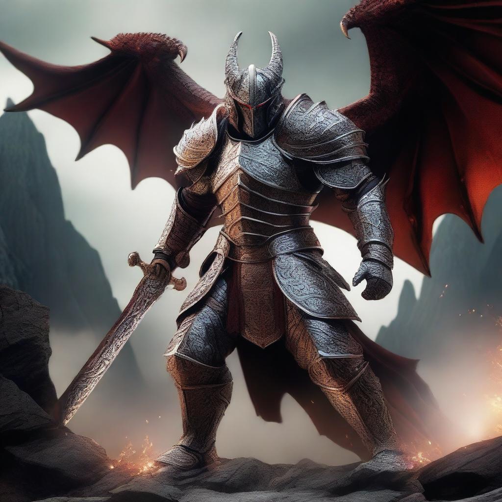 A powerful draconic warrior clad in armor, wielding a massive sword