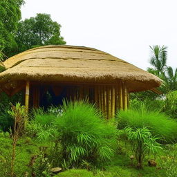 A traditional Assam-type house situated in the lush green landscape, complete with a slanted roof, bamboo walls, and surrounded by tropical plants.