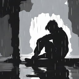 A black silhouette of a person sitting on the ground, drinking, and appearing depressed and crying under the rain