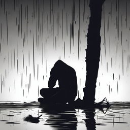 A black silhouette of a person sitting on the ground, drinking, and appearing depressed and crying under the rain