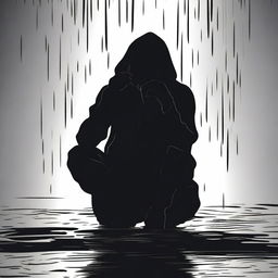 A black silhouette of a person sitting on the ground, drinking, and appearing depressed and crying under the rain