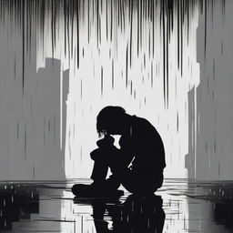 A black silhouette of a person sitting on the ground, drinking, and appearing depressed and crying under the rain