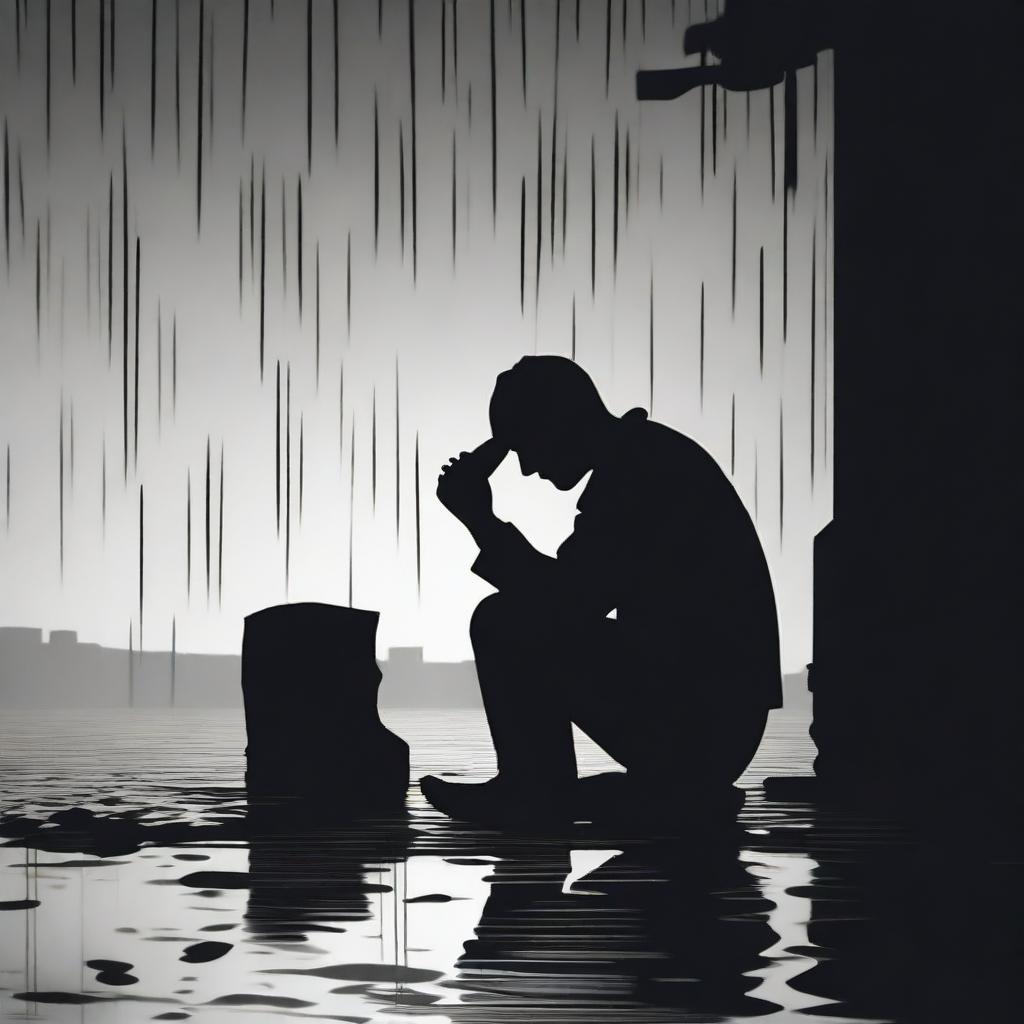 A black silhouette of a person sitting on the ground, drinking, and appearing depressed and crying under the rain