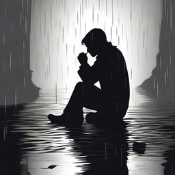 A black silhouette of a person sitting on the ground, drinking, and appearing depressed and crying under the rain