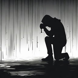 A black silhouette of a person sitting on the ground, drinking, and appearing depressed and crying under the rain