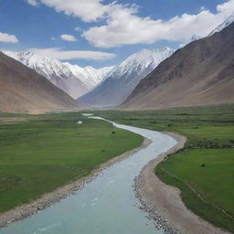 A breathtaking image of the Wakhan Corridor in Badakhshan province, Afghanistan, with towering snow-capped peaks, lush green valleys, and serene rivers.