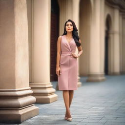 A beautiful and confident woman posing elegantly in a stylish outfit