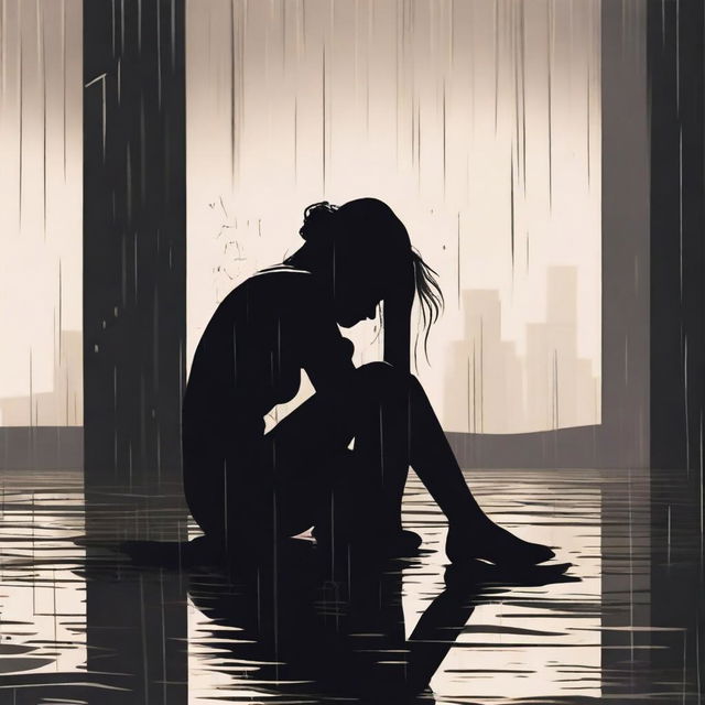 A black silhouette of a woman sitting on the floor, drinking, and crying under the rain