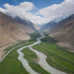 A breathtaking image of the Wakhan Corridor in Badakhshan province, Afghanistan, with towering snow-capped peaks, lush green valleys, and serene rivers.