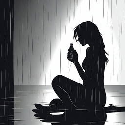 A black silhouette of a woman sitting on the floor, drinking, and crying under the rain