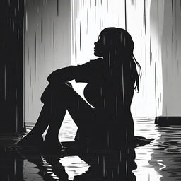 A black silhouette of a woman sitting on the floor, drinking, and crying under the rain