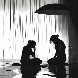 A black silhouette of a woman sitting on the floor, drinking, and crying under the rain