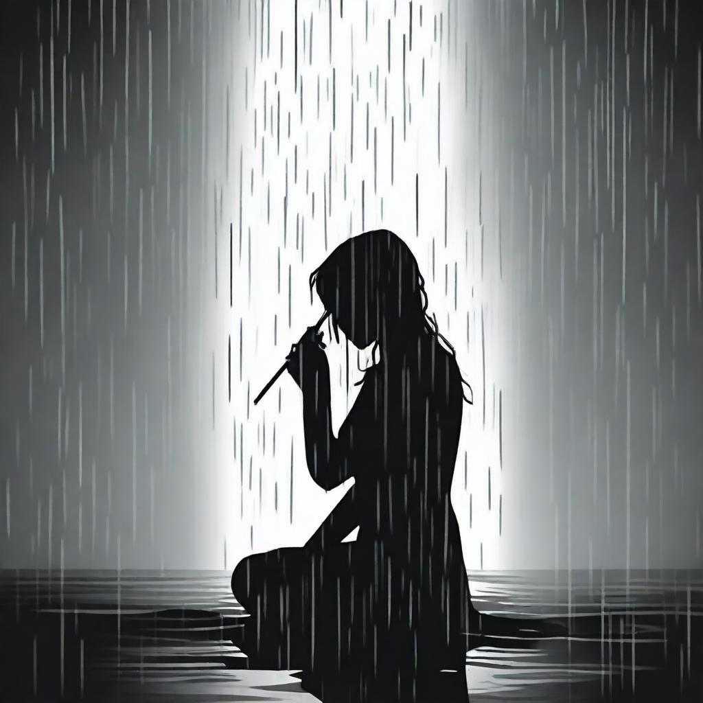 A black silhouette of a woman sitting on the ground, drinking, depressed, and crying under the rain