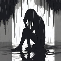 A black silhouette of a woman sitting on the ground, drinking, depressed, and crying under the rain