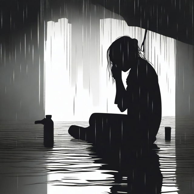 A black silhouette of a woman sitting on the ground, drinking, depressed, and crying under the rain