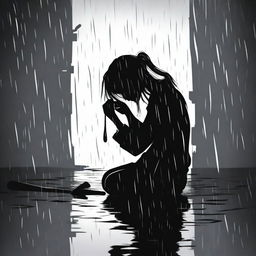 A black silhouette of a woman sitting on the ground, drinking, depressed, and crying under the rain