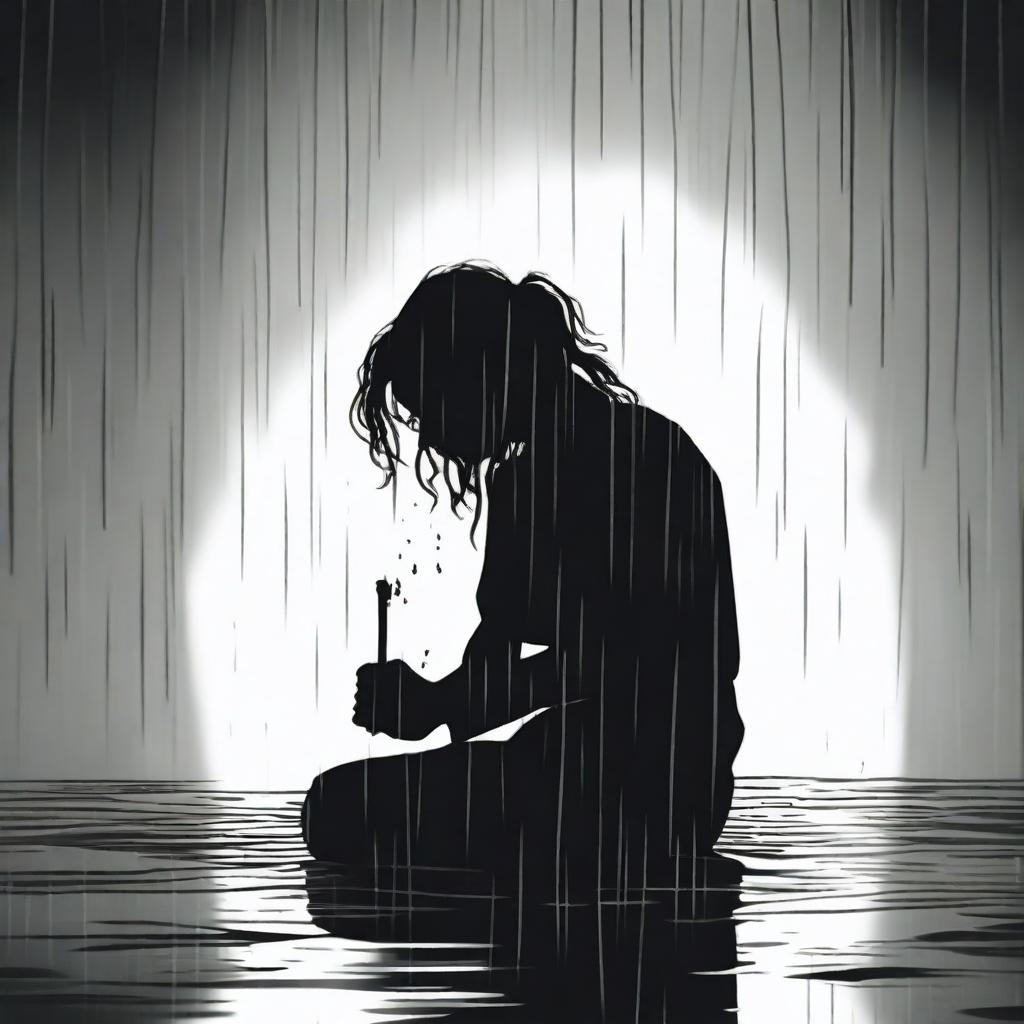 A black silhouette of a woman sitting on the floor, drinking, and crying under the rain