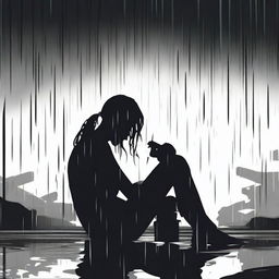 A black silhouette of a woman sitting on the floor, drinking, and crying under the rain