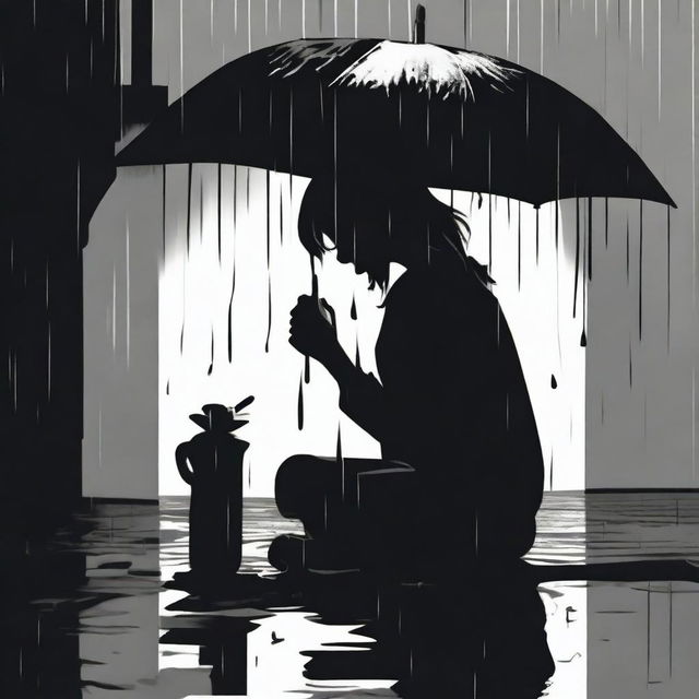 A black silhouette of a woman sitting on the floor, drinking, and crying under the rain