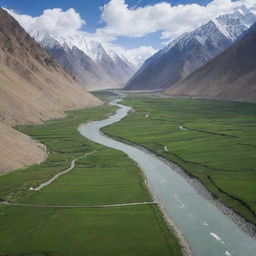 A breathtaking image of the Wakhan Corridor in Badakhshan province, Afghanistan, with towering snow-capped peaks, lush green valleys, and serene rivers.