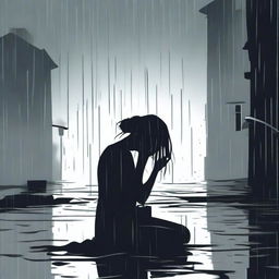 A black silhouette of a woman sitting on the floor, drinking, and crying under the rain