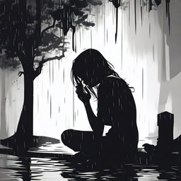 A black silhouette of a woman sitting on the ground, drinking and crying under the rain