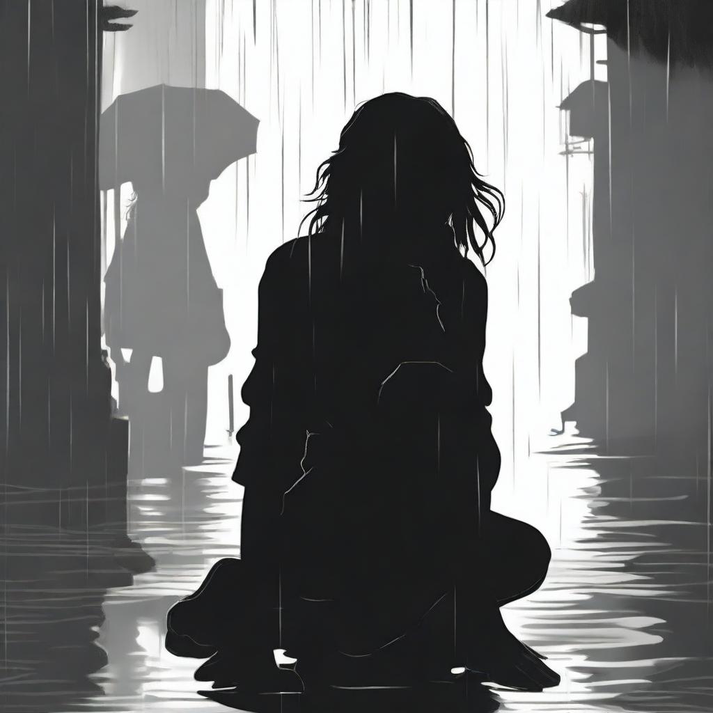 A black silhouette of a woman sitting on the ground, drinking and crying under the rain