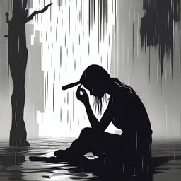 A black silhouette of a woman sitting on the ground, drinking and crying under the rain