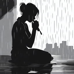 A black silhouette of a woman sitting on the ground, drinking and crying under the rain