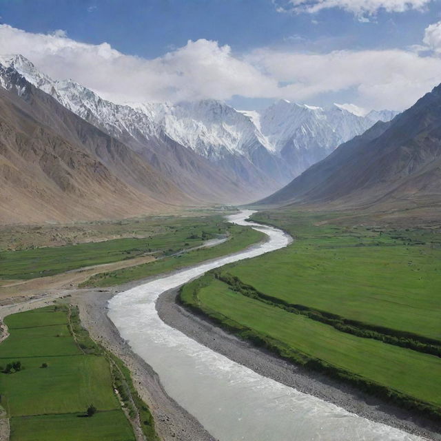 A breathtaking image of the Wakhan Corridor in Badakhshan province, Afghanistan, with towering snow-capped peaks, lush green valleys, and serene rivers.