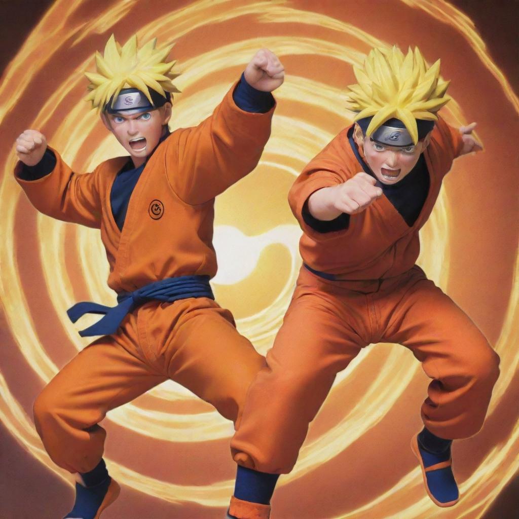 Naruto Uzumaki, in his orange jumpsuit and Goku, in his distinctive orange gi, involved in an intense battle, showcasing their unique powers, against a dynamic backdrop