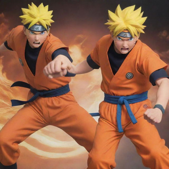 Naruto Uzumaki, in his orange jumpsuit and Goku, in his distinctive orange gi, involved in an intense battle, showcasing their unique powers, against a dynamic backdrop