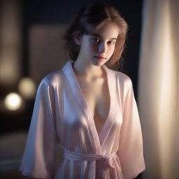 A teenage girl wearing a night robe, depicted in a sensual and sexy manner