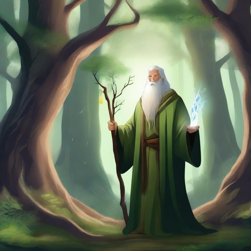 A mystical druid standing in a lush forest, surrounded by ancient trees and magical creatures