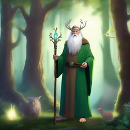 A mystical druid standing in a lush forest, surrounded by ancient trees and magical creatures