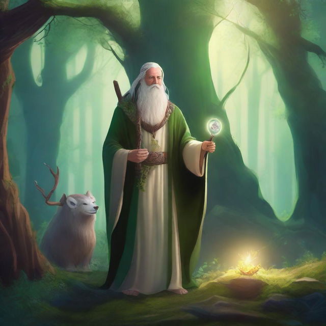 A mystical druid standing in a lush forest, surrounded by ancient trees and magical creatures