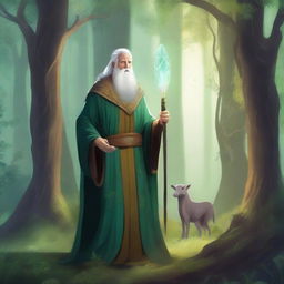 A mystical druid standing in a lush forest, surrounded by ancient trees and magical creatures