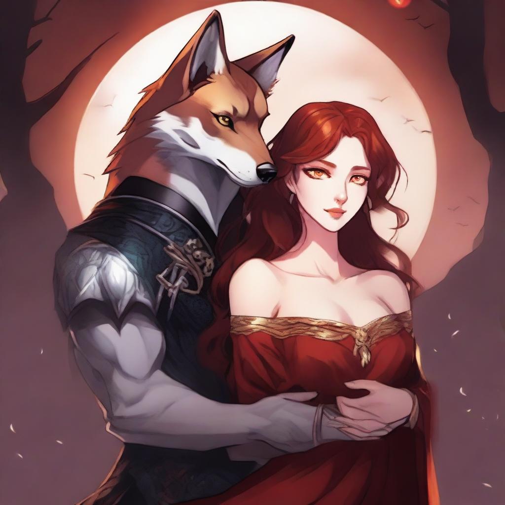 A striking female character with red hair and fiery eyes, draped in a shimmering red dress, is in an intense embrace with a dominant male lead who has amber eyes, exuding an alpha king aura